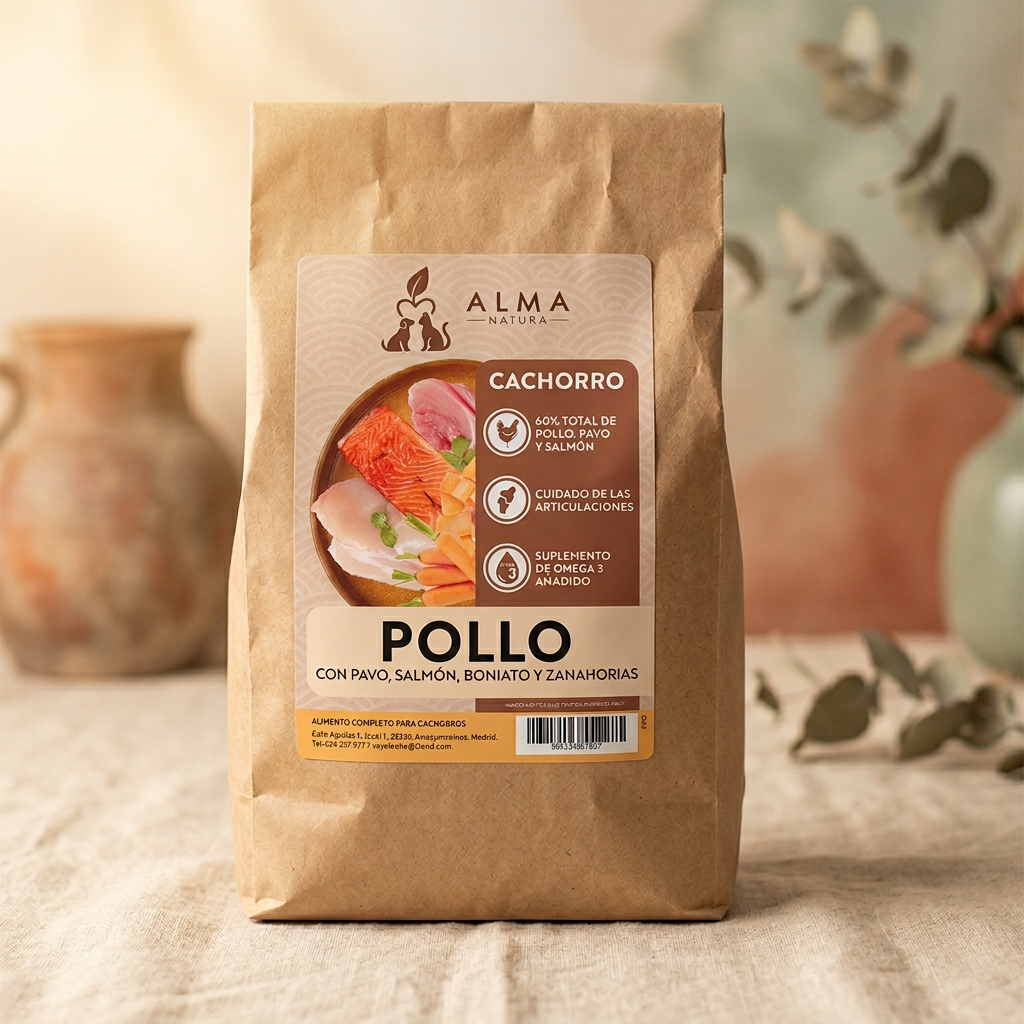 Saco Alma Natura Cachorro · Pollo, Pavo y Salmón