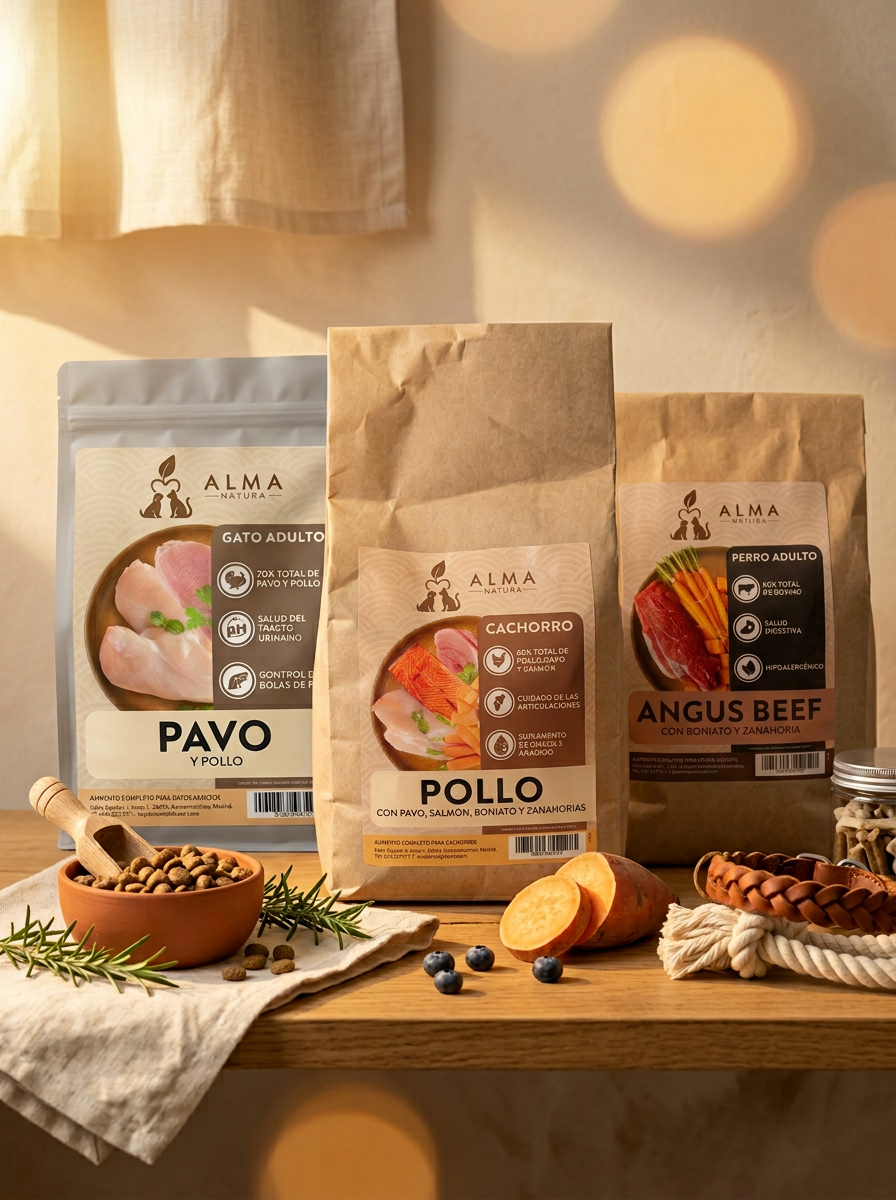 Bowl de pienso premium con hierbas naturales y saco de tela sobre fondo crema