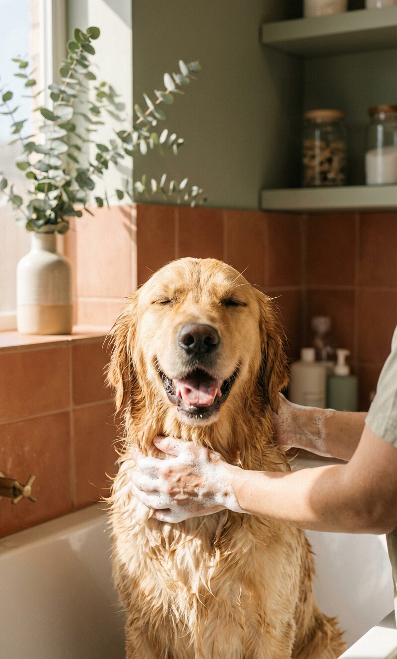 Cepillo, espuma, toalla y tijeras de peluquería canina sobre lino cálido